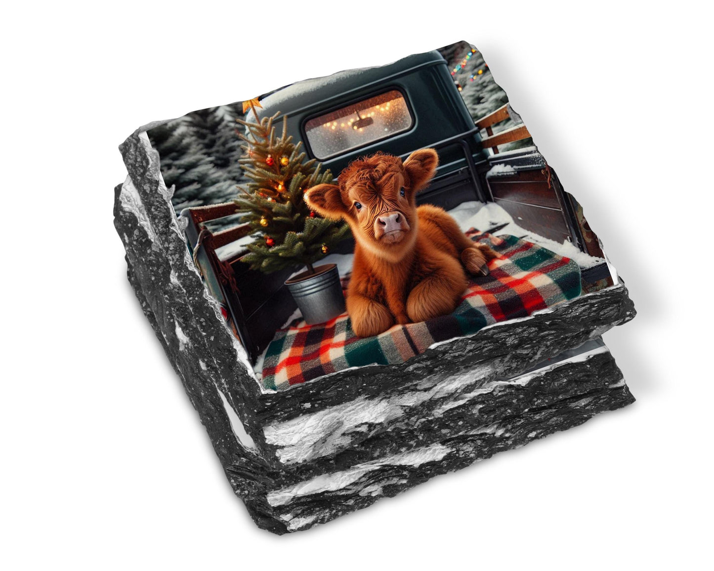 Highland Cow Christmas Coaster Set with Rack - Rustic Slate Coasters Featuring Baby Cow in Truck Perfect for Farmhouse Decor