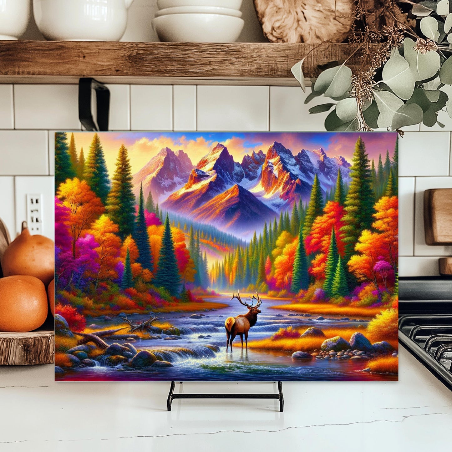 Glass Cutting Board with Elk in Mountain River Design - Fall Wildlife Kitchen Decor