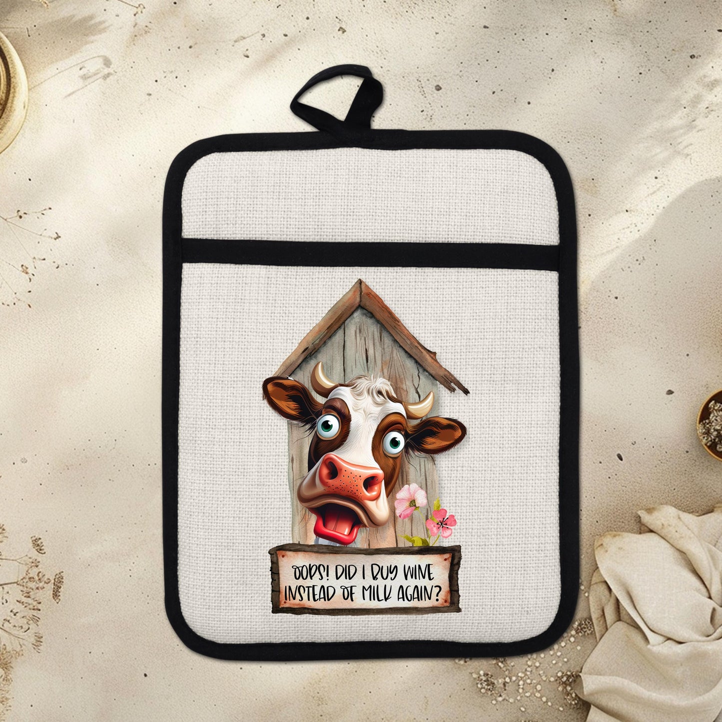 Funny Cow Pot Holder with Quirky Barn Flower Design - Oops Did I Buy Wine Instead of Milk Linen Hot Pad