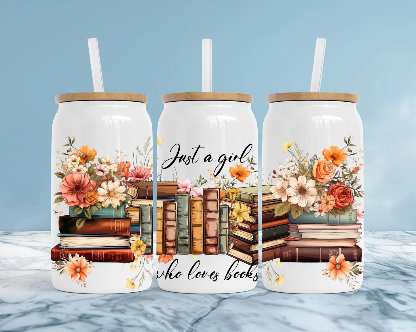 Book Lover Tumbler Gift, 16oz Stainless Steel Insulated Cup with Boho Flowers, Just A Girl Who Loves Books, Bookworm Gift, Book Decor Mug