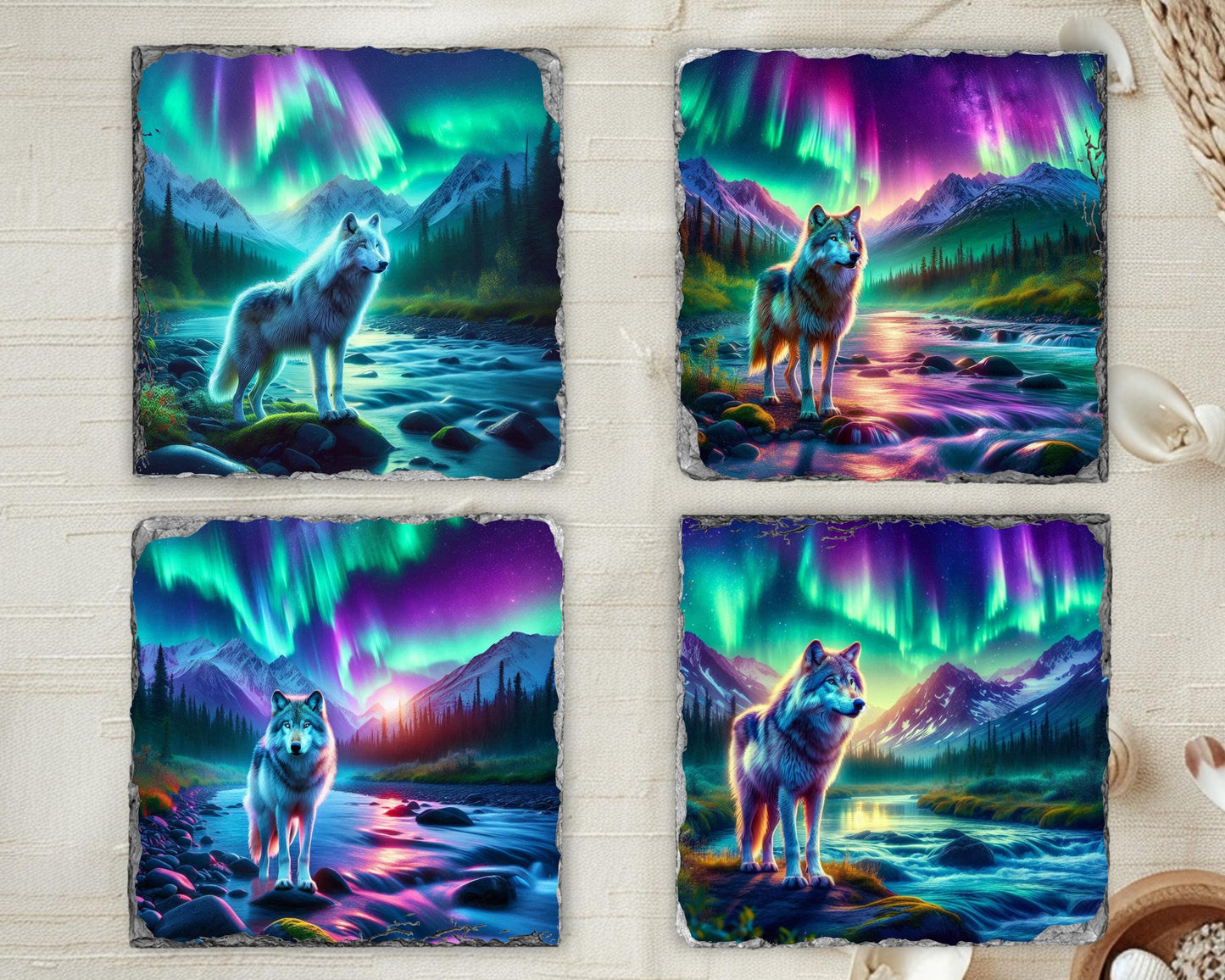Northern Lights Wolf Slate Coaster Set - Rustic Cabin Decor Gift