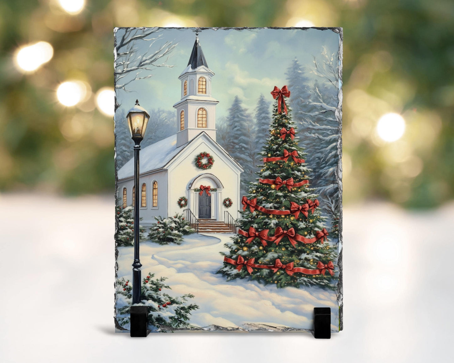 Vintage Slate Christmas Art with Red Bows Snowy Landscape