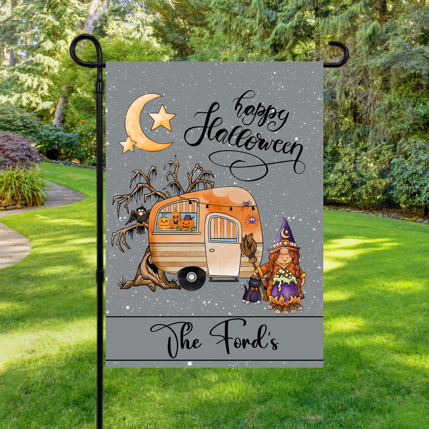 Personalized Halloween Garden Flag for Camping Enthusiasts - Custom Camper Gift Idea
