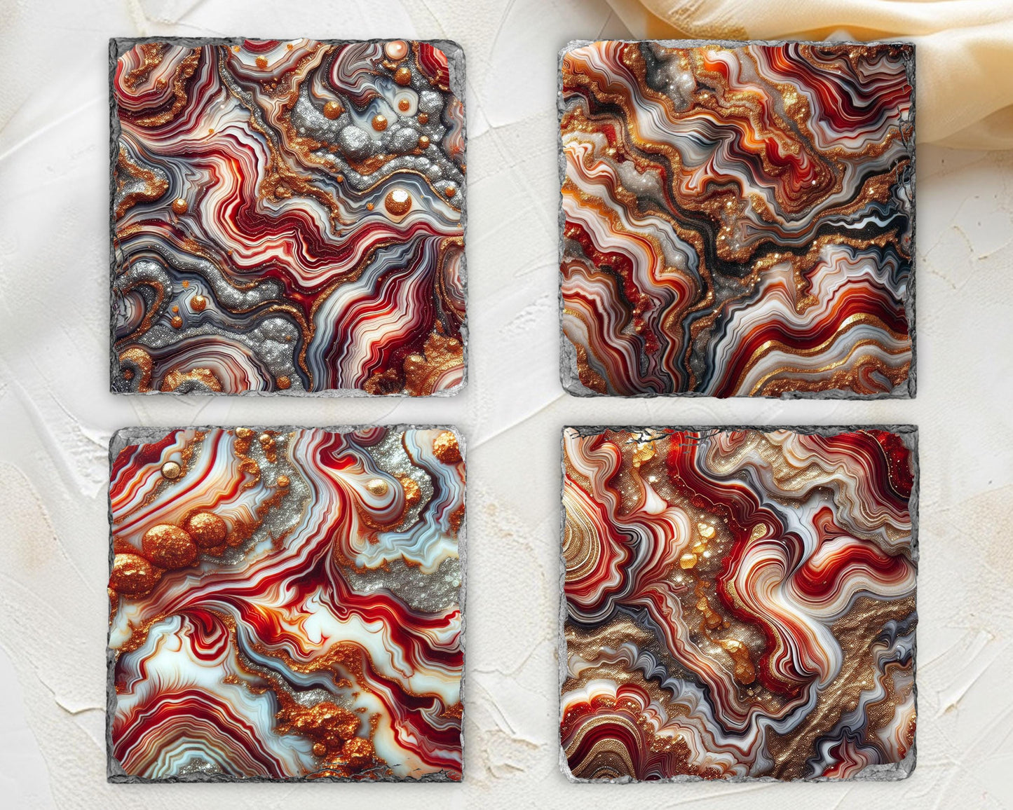 Fractured Edge Slate Coasters Set of 4 with Red Gold Glitter Agate - Unique Housewarming Gift for New Home Decor