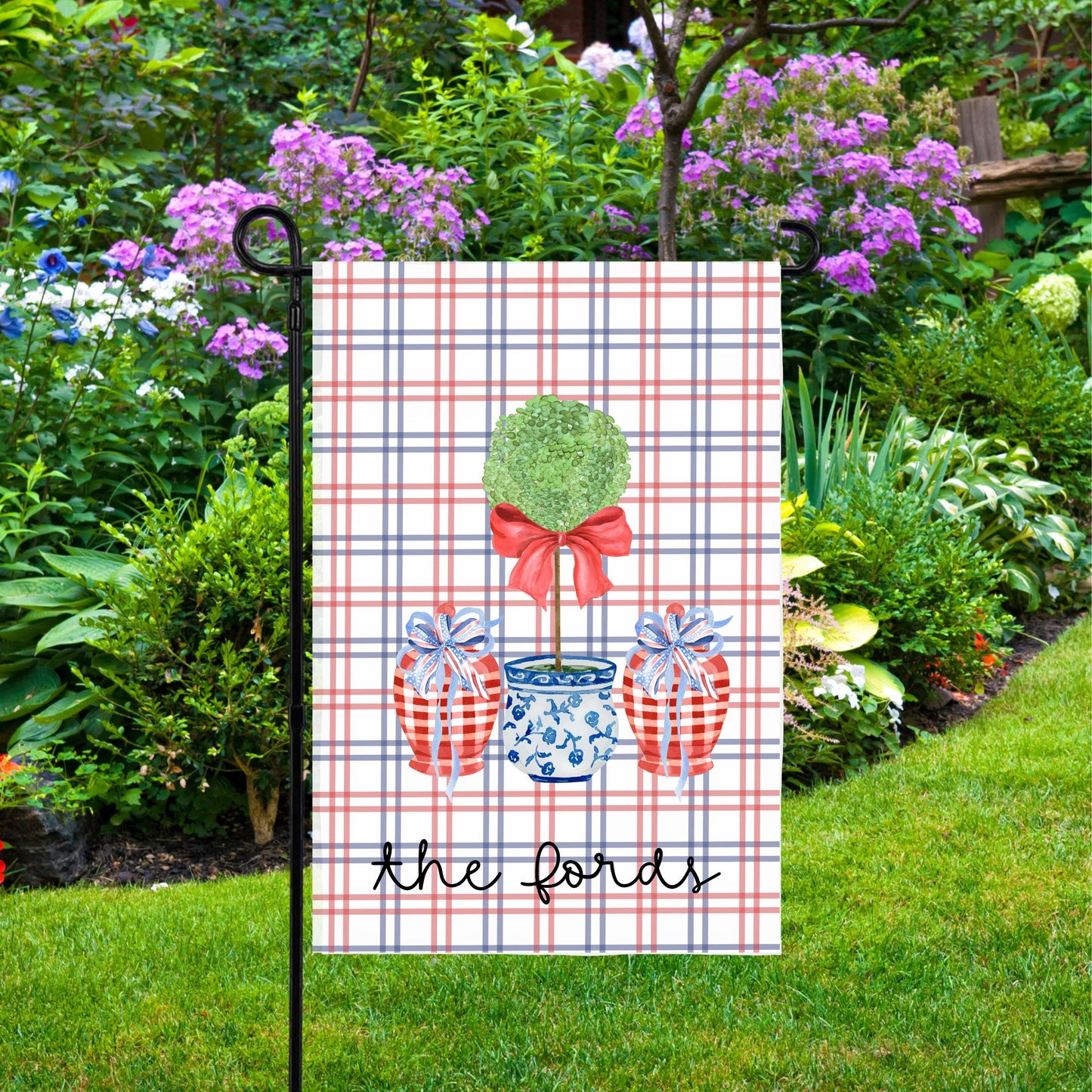 Preppy Housewarming Gift, Custom 4th of July Garden Flag with Chinoiserie Topiary, New Home Housewarming Gift, Preppy Garden Flag