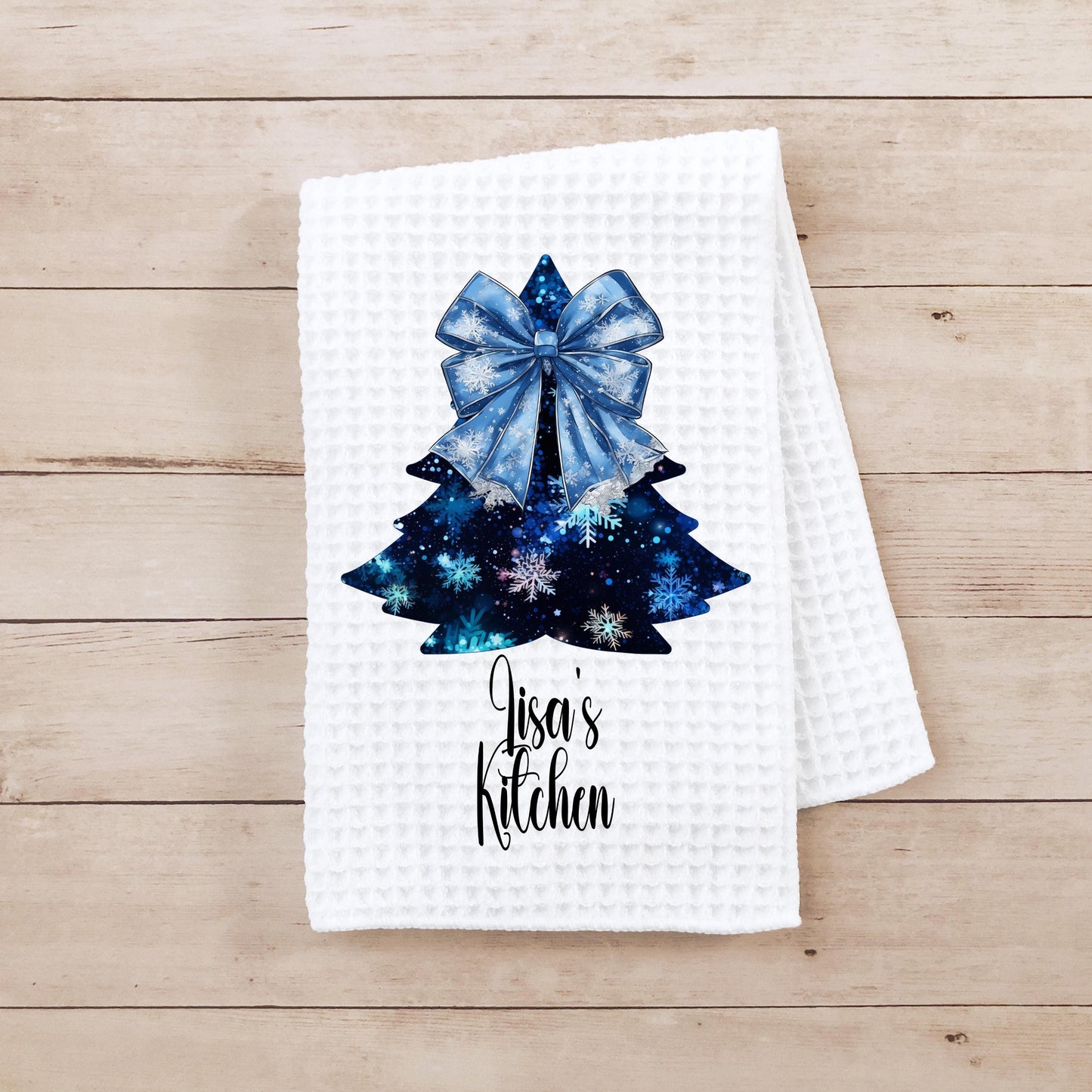 Personalized Blue Christmas Tree Kitchen Towel - Unique Holiday Decor Gift
