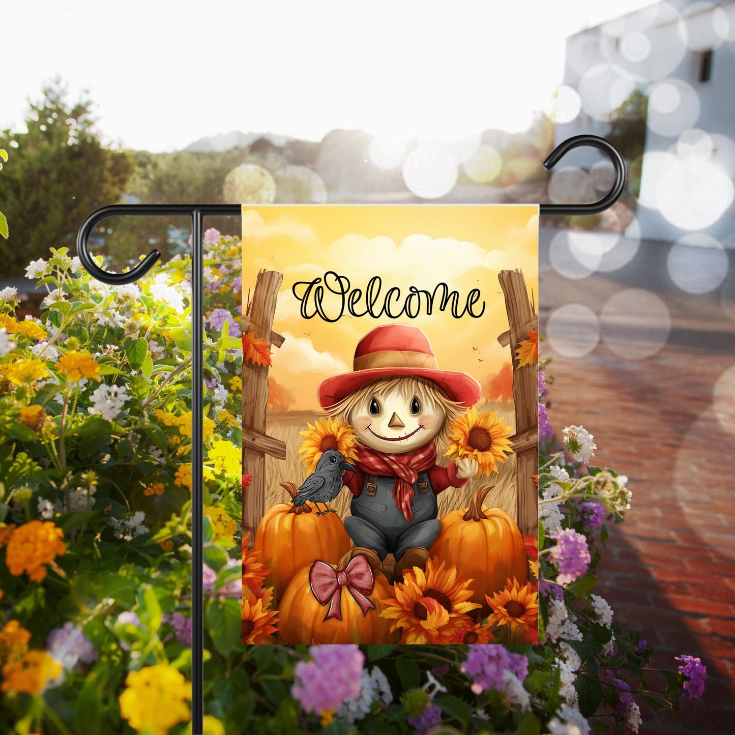 Double-Sided Garden Flag Featuring Scarecrow Pumpkins Sunflowers and Autumn Sunset