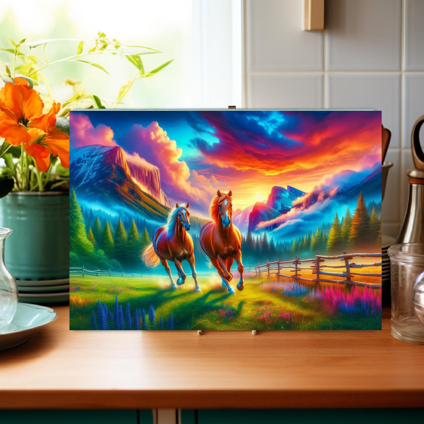 Horse Sunset Cutting Board - Galloping Horses in Mountain Valley - Perfect Gift for Horse Lovers and Farmhouse Kitchens