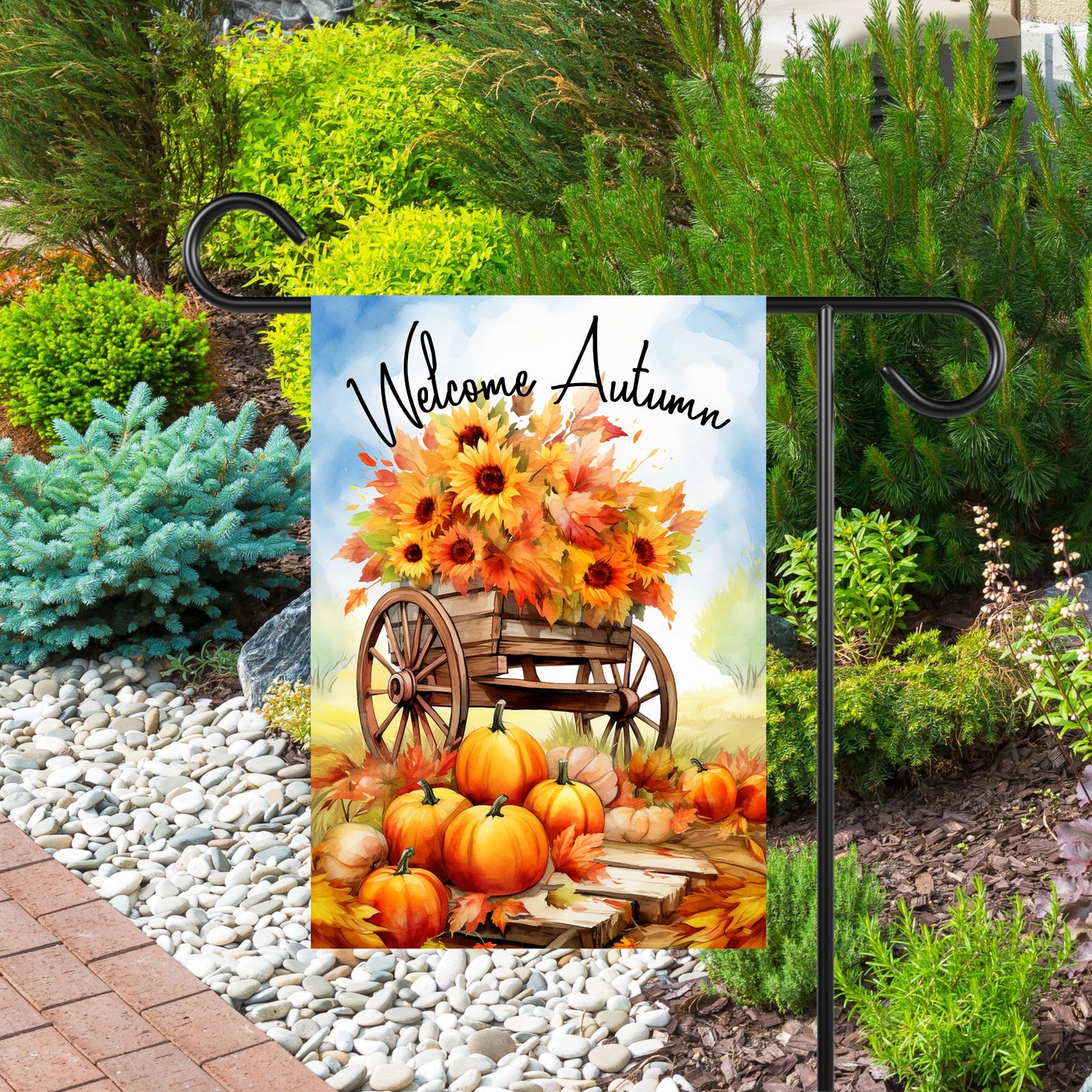 Autumn Garden Flag with Pumpkins and Blue Sky - 12x18 Inch Seasonal Decor