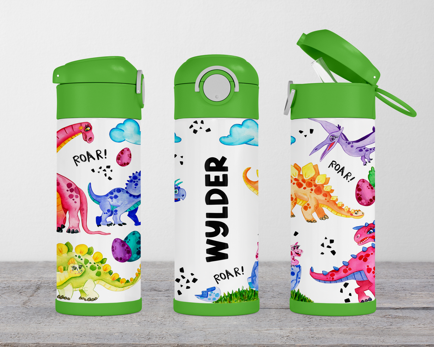 Personalized Dinosaur Water Bottle for Kids - Flip Top School Cup Perfect Birthday Gift