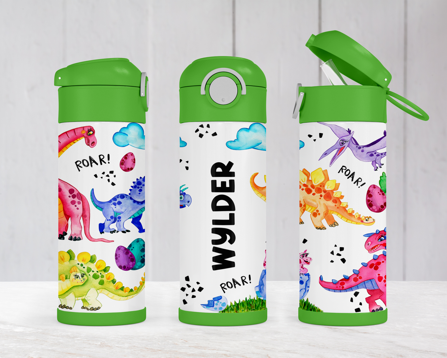 Personalized Dinosaur Water Bottle for Kids - Flip Top School Cup Perfect Birthday Gift