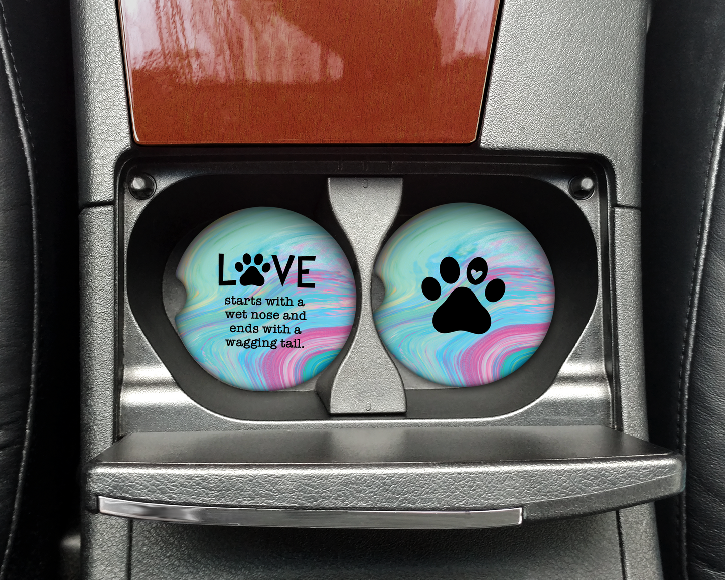 Paw Print Ceramic Car Coasters - Set of 2 with Love Quote