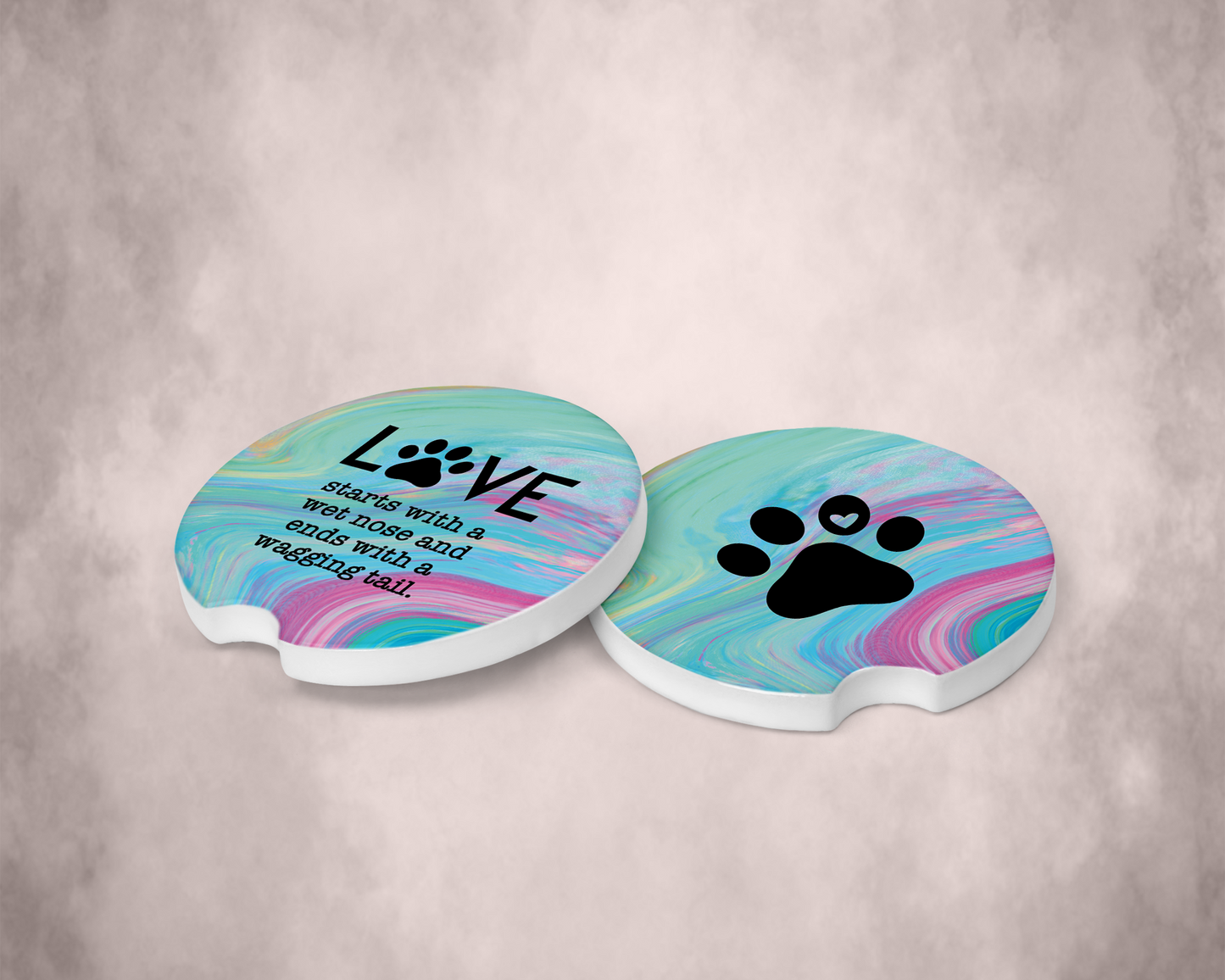 Paw Print Ceramic Car Coasters - Set of 2 with Love Quote
