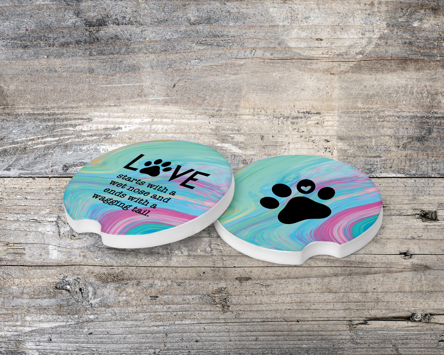 Ceramic Car Coasters Set of 2 - Paw Print Love Quote Design