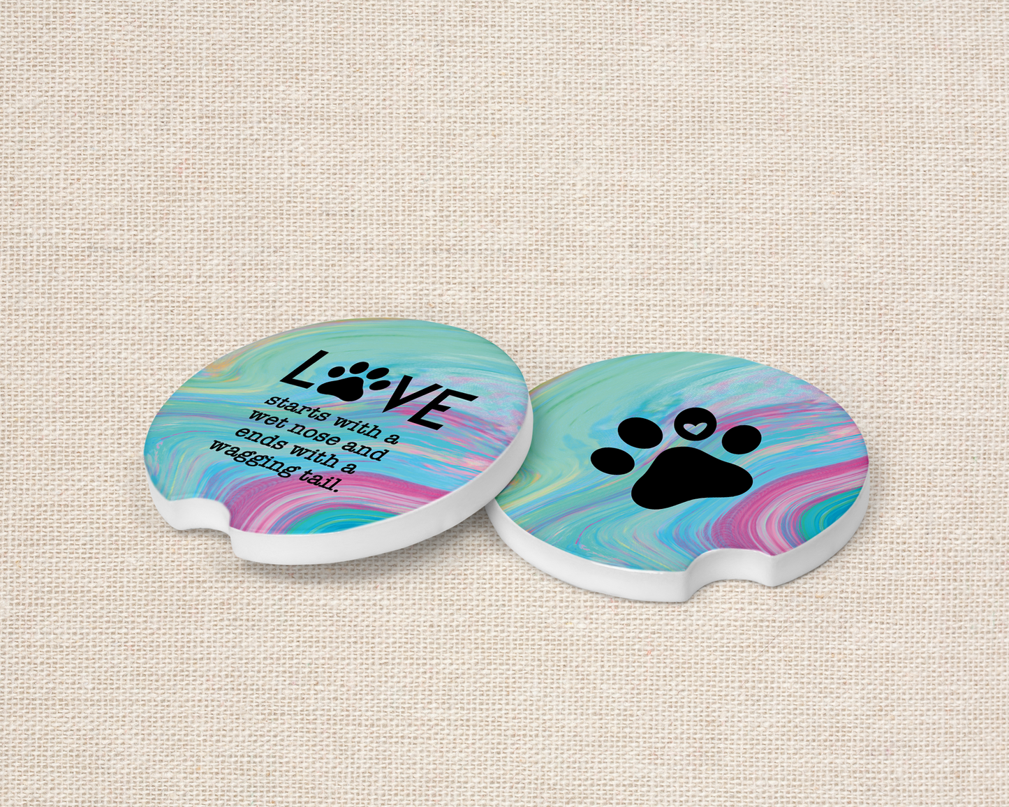 Ceramic Car Coasters Set of 2 - Paw Print Love Quote Design