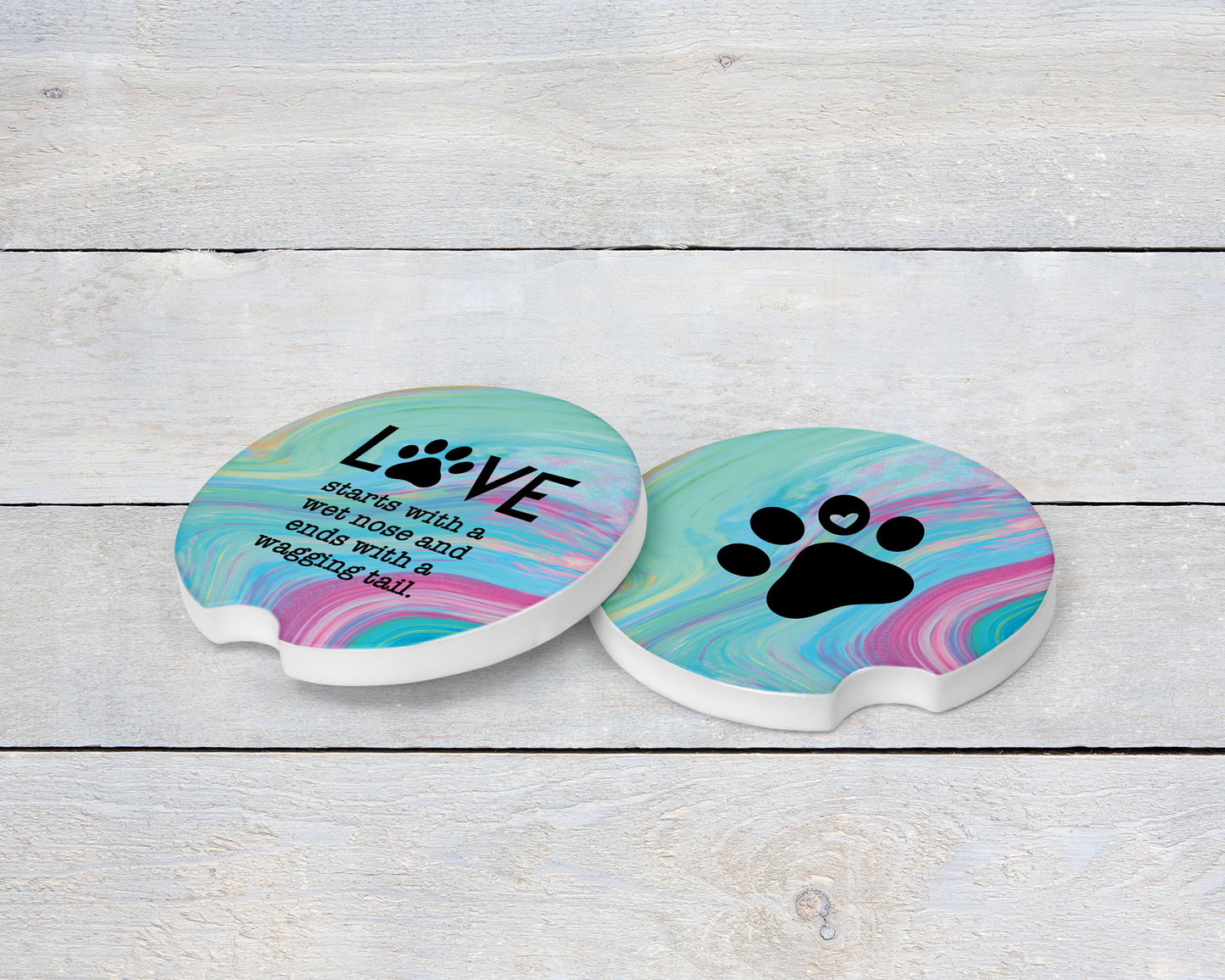 Paw Print Ceramic Car Coasters - Set of 2 with Love Quote