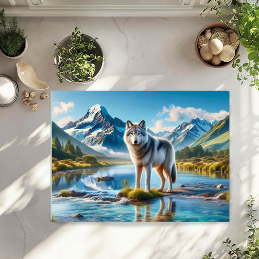 Wolf Art Cutting Board with Snow Capped Mountains  Perfect Gift for Nature Lovers
