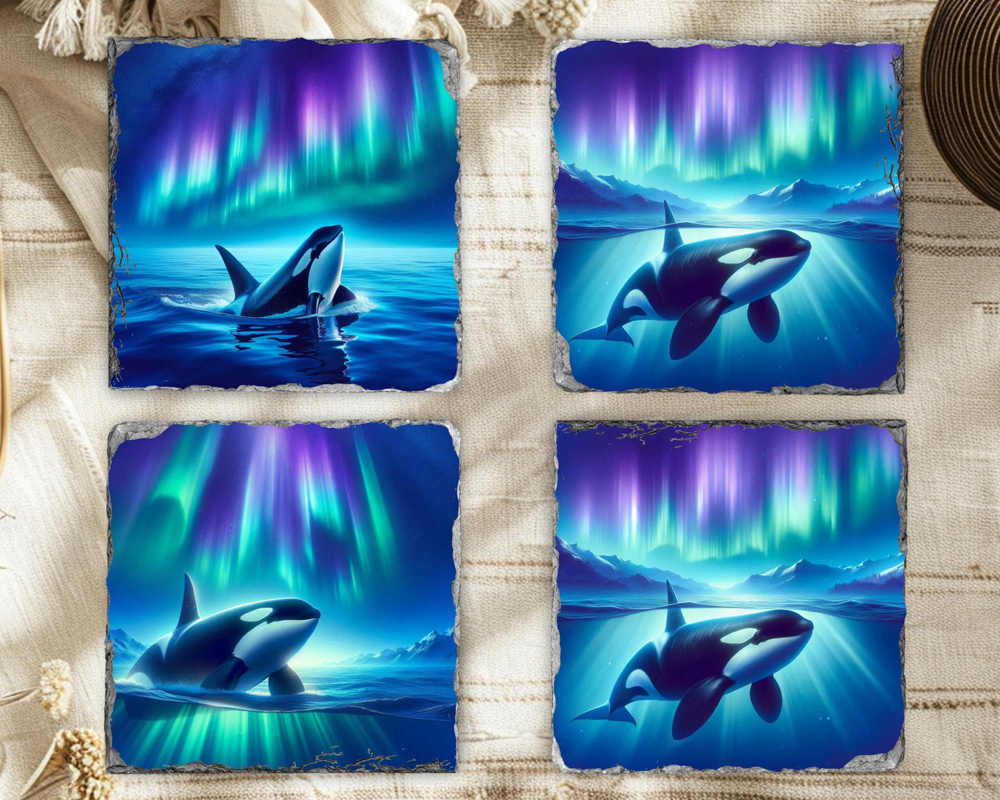 Ocean Orca Coasters Set of 4 Unique Northern Lights Decor for Whale Lovers