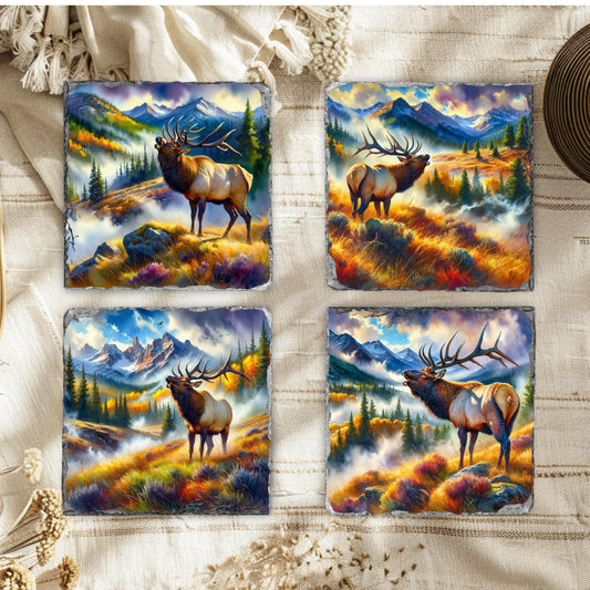 Elk Mountain Scene Slate Coaster Set with Watercolor Effect  Fractured Edges  Perfect Gift for Nature Lovers