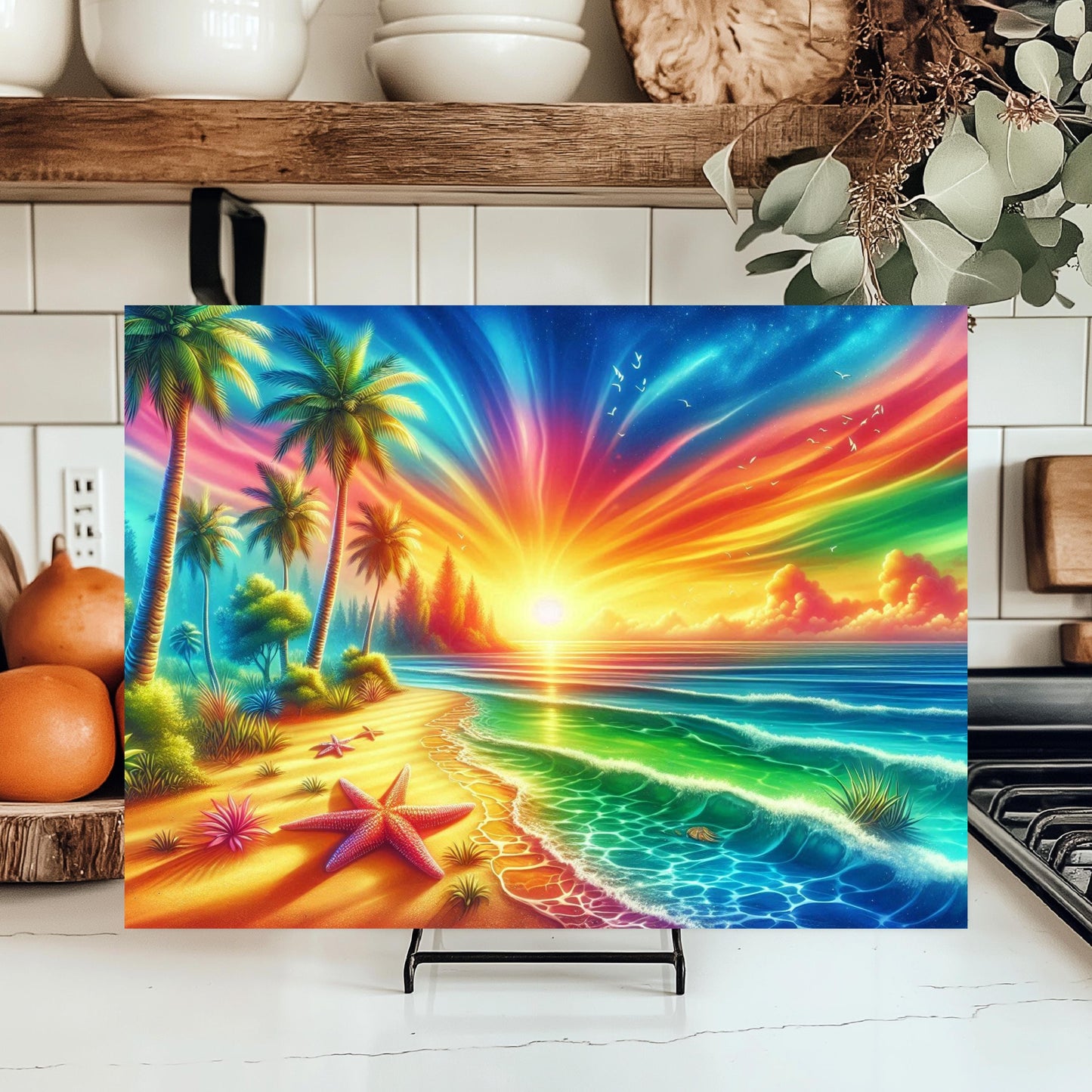 Tropical Sunset Glass Cutting Board with Starfish Design - Ideal Unique Hostess Gift