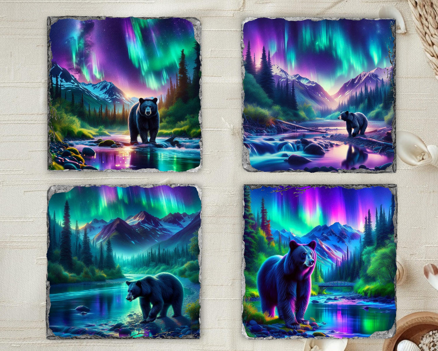 Black Bear Slate Coaster Set - Rustic Cabin Drinkware Decor for Nature Lovers