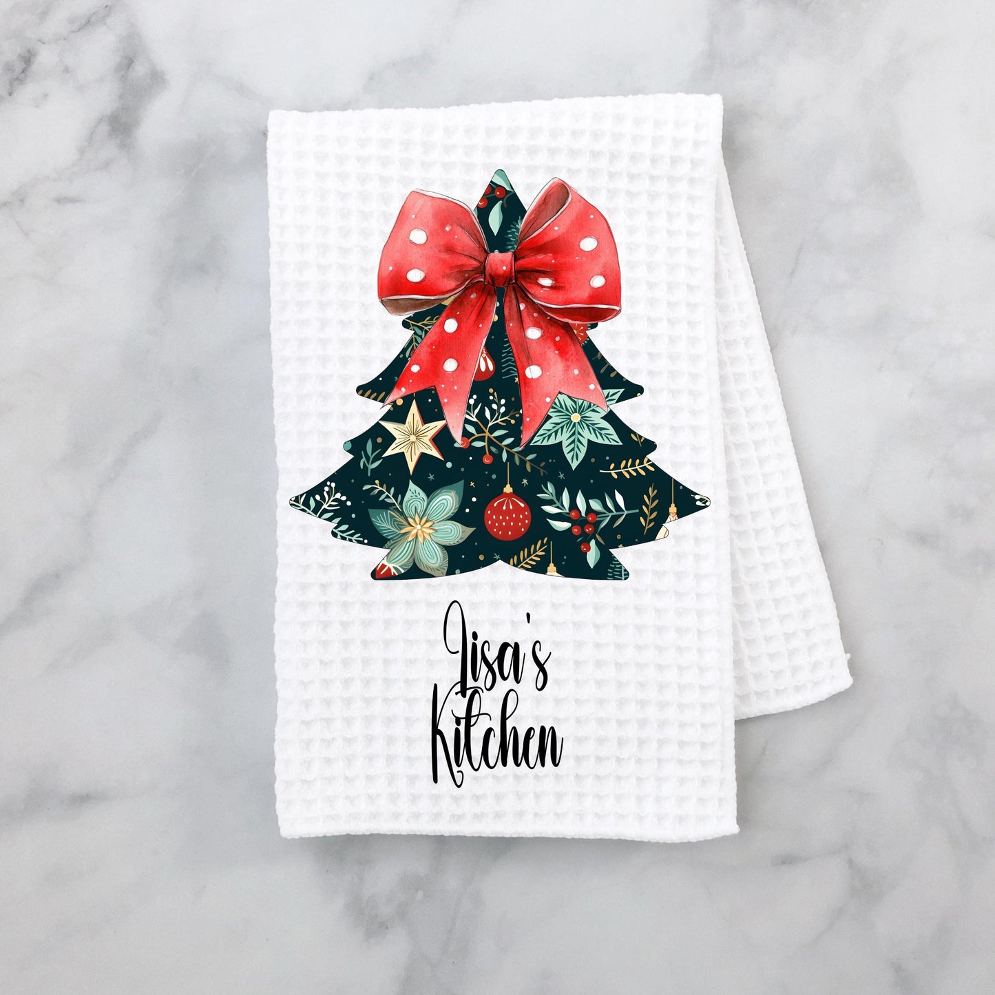 Floral Christmas Tree Kitchen Towel - Waffle Weave Microfiber for Holiday Cheer
