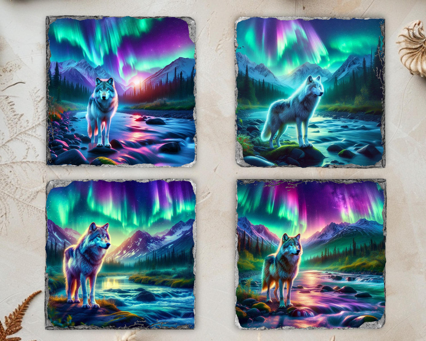 Northern Lights Wolf Slate Coaster Set - Rustic Cabin Decor Gift