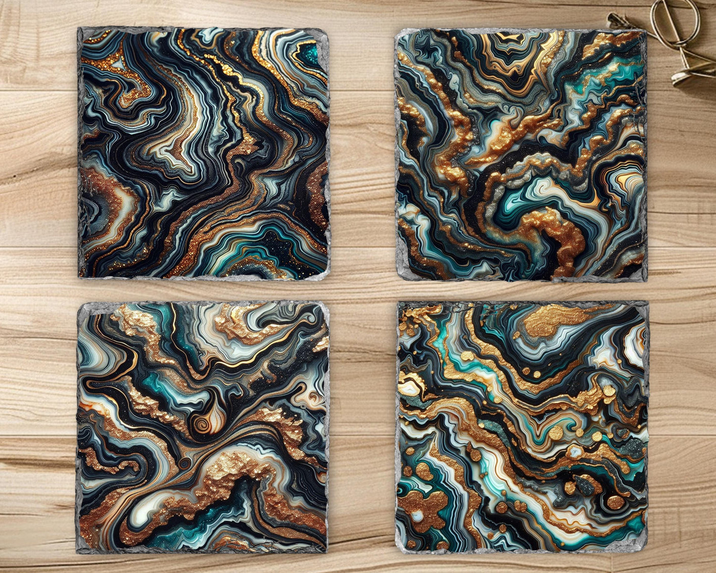 Black and Gold Agate Coaster Set with Faux Glitter - Elegant Hostess Gift and Holiday Present