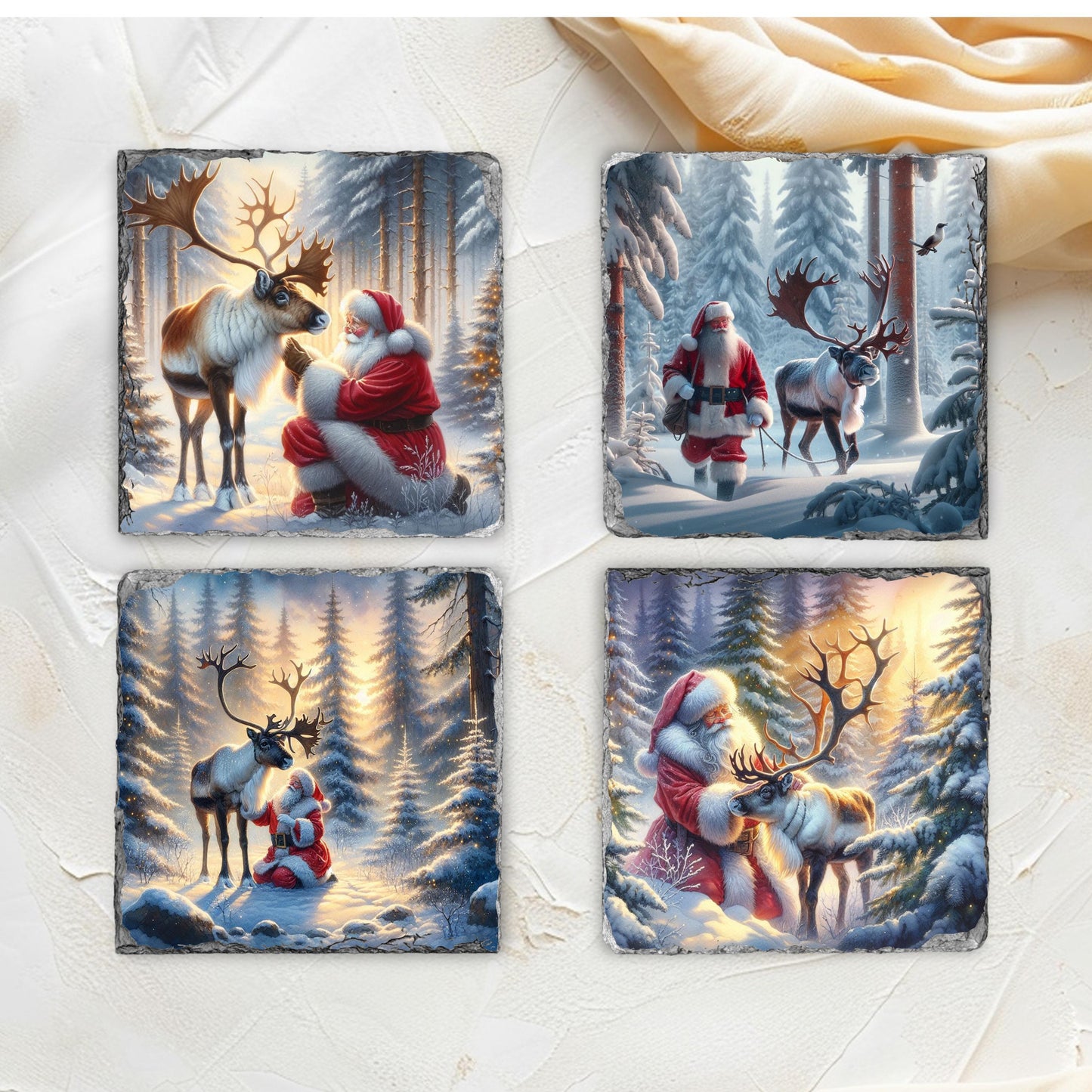 Fractured Edge Slate Coaster Set with Santa Reindeer Winter Scene 4 Sublimation Images Black Rack Perfect Holiday Gift