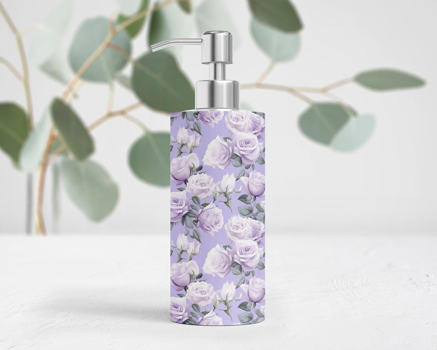 Stainless Steel Hand Soap or Lotion Pump Dispenser with Elegant Purple Roses - Unique Housewarming Gift for Her