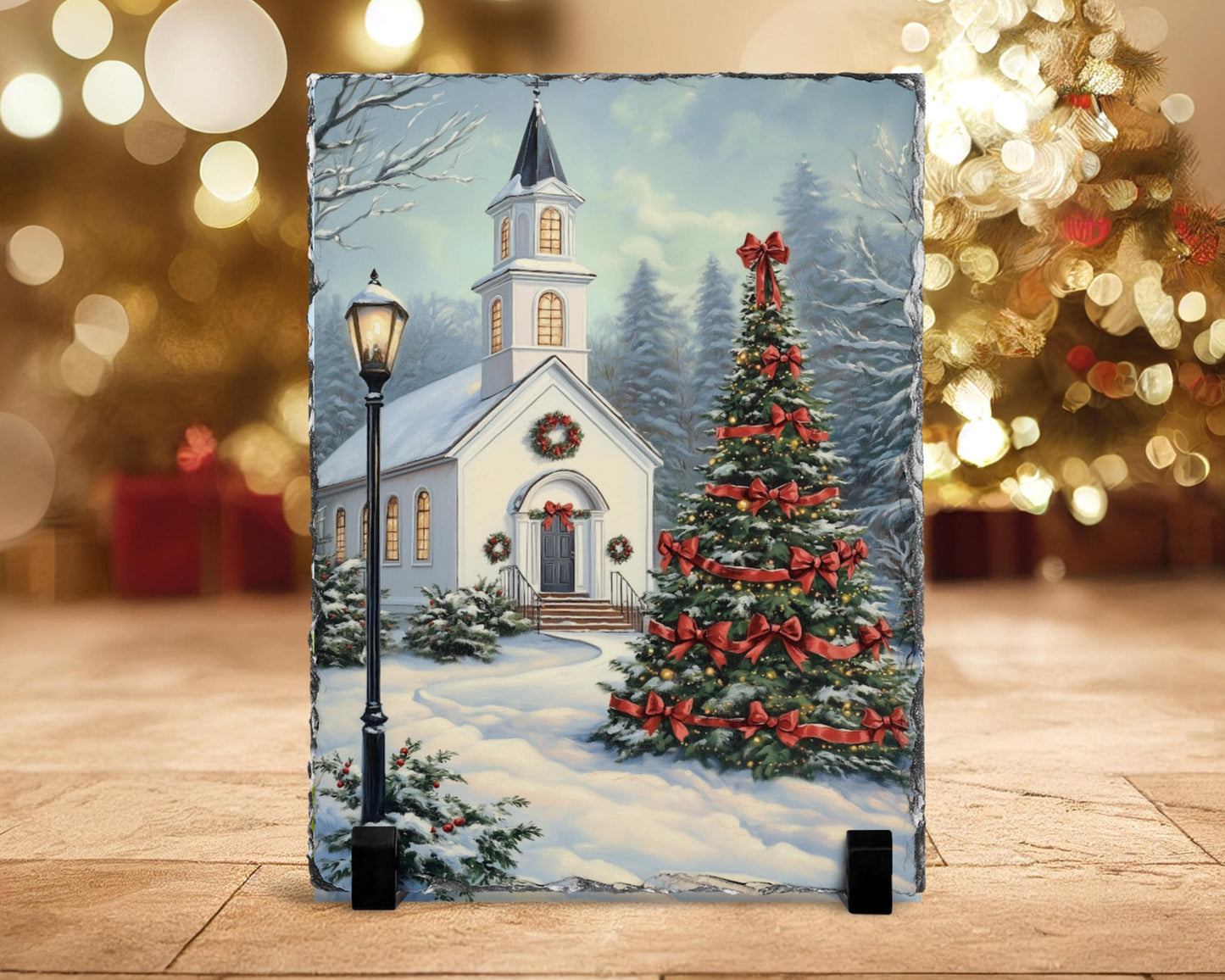 Vintage Slate Christmas Art with Red Bows Snowy Landscape