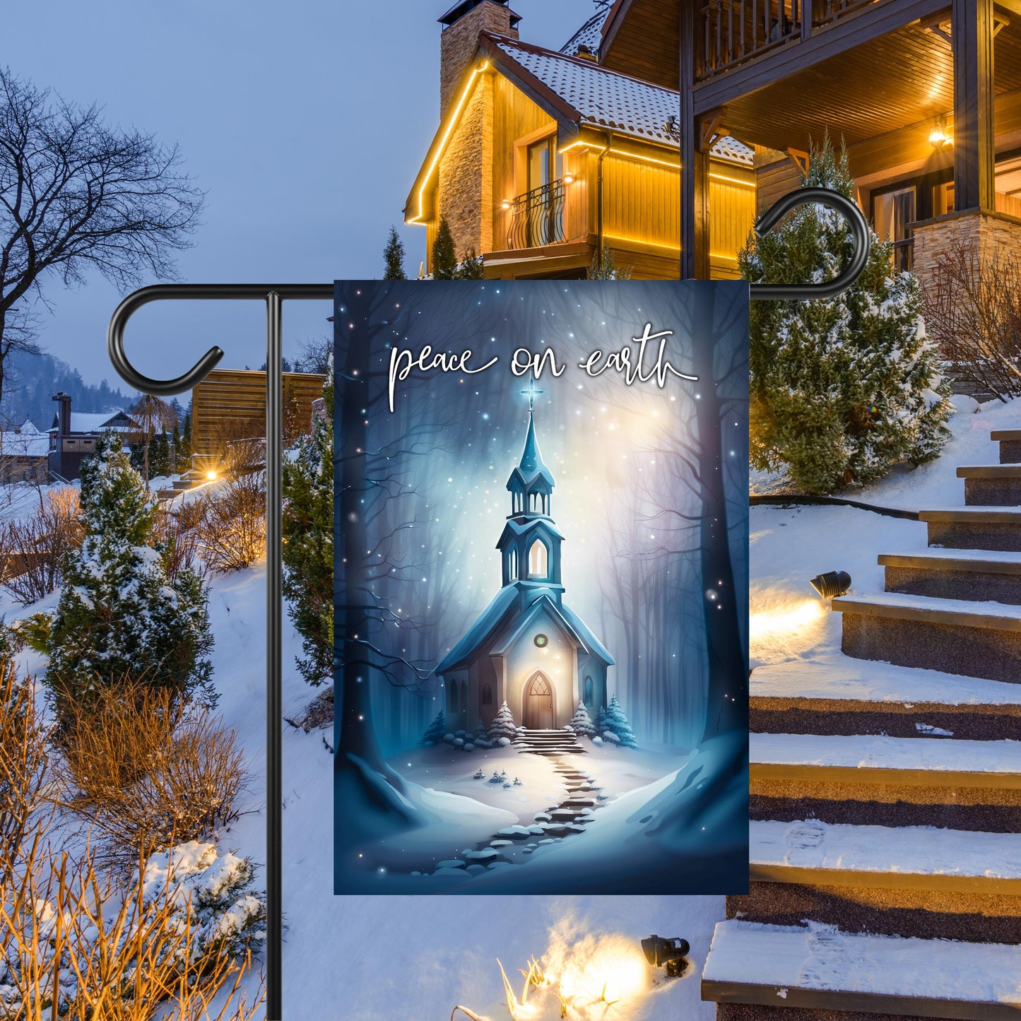 Garden Flag - Vintage Church Winter Scene 12x18 Inch Peace On Earth Design