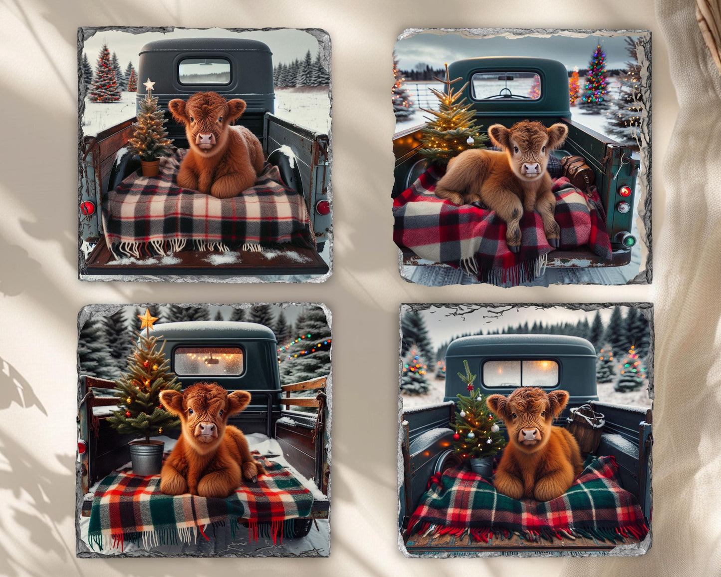 Highland Cow Christmas Coaster Set with Rack - Rustic Slate Coasters Featuring Baby Cow in Truck Perfect for Farmhouse Decor
