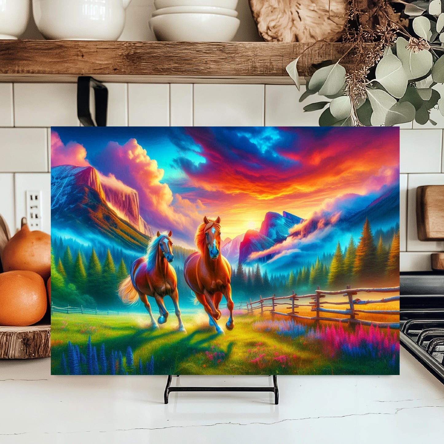 Horse Sunset Cutting Board - Galloping Horses in Mountain Valley - Perfect Gift for Horse Lovers and Farmhouse Kitchens