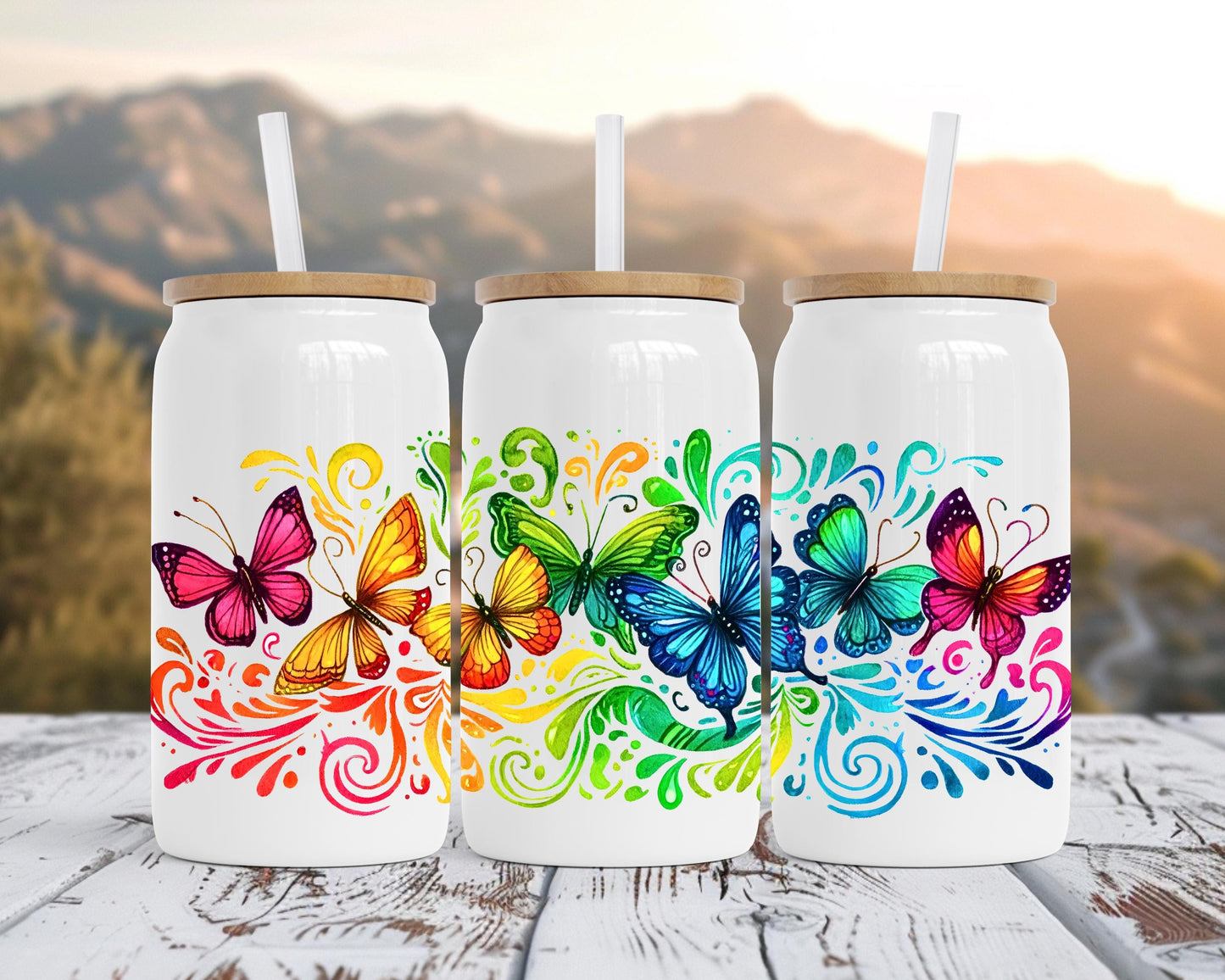 Rainbow Butterfly Insulated Tumbler, 16oz Stainless Steel Travel Cup, Butterfly Gift for Her