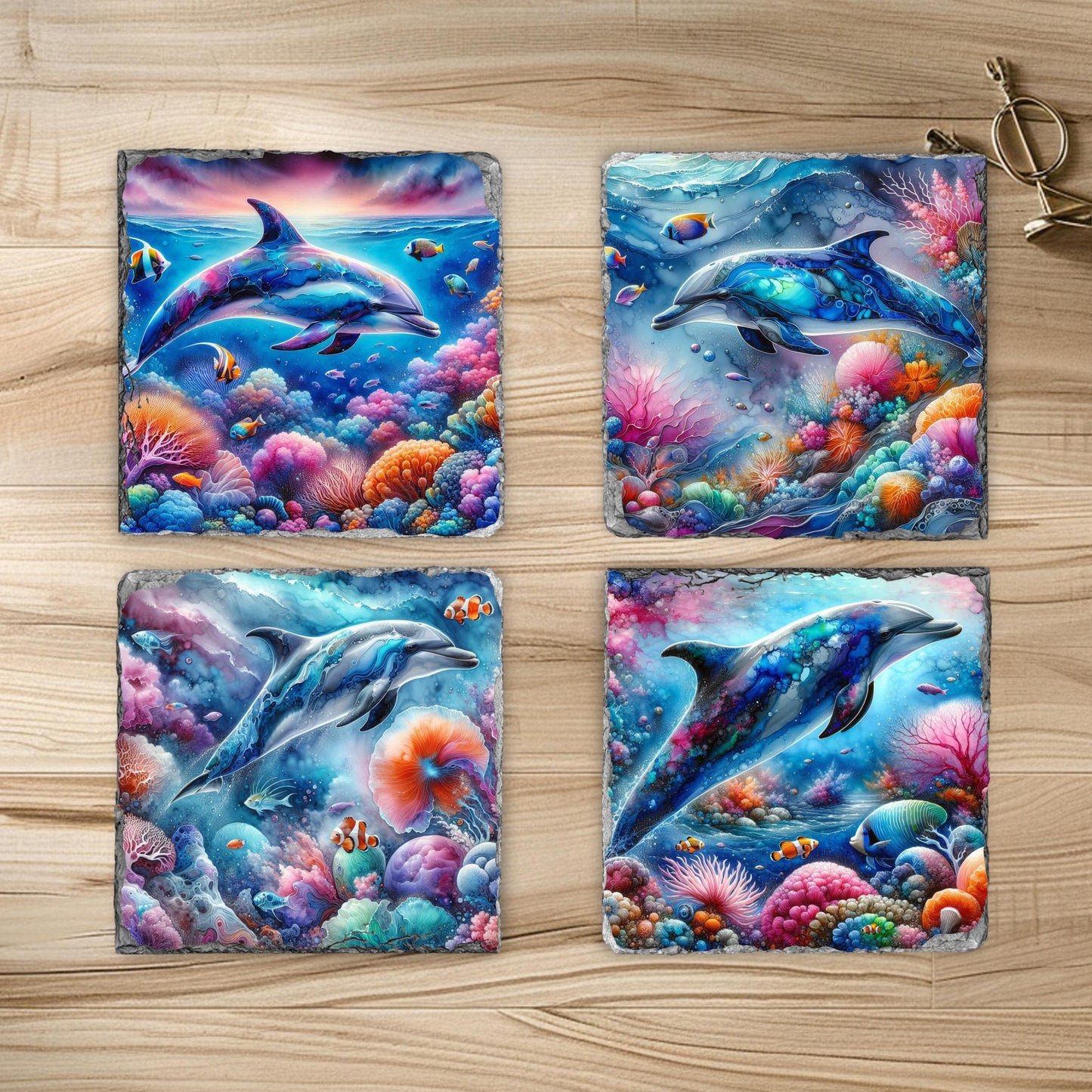 Dolphin Slate Coaster Set with Rack - Ocean-Themed Drink Coasters for Beach House Decor Gifts