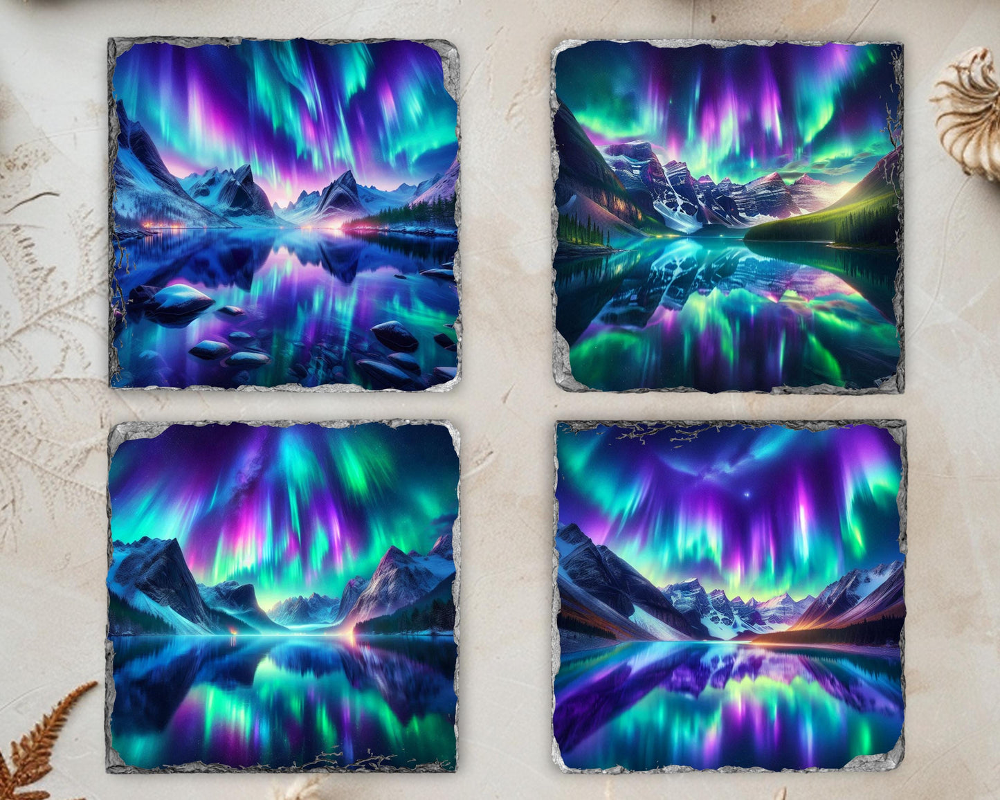 Northern Lights Slate Coaster Set with Rack - Rustic Mountain Lake Design Perfect for Holiday Gifting