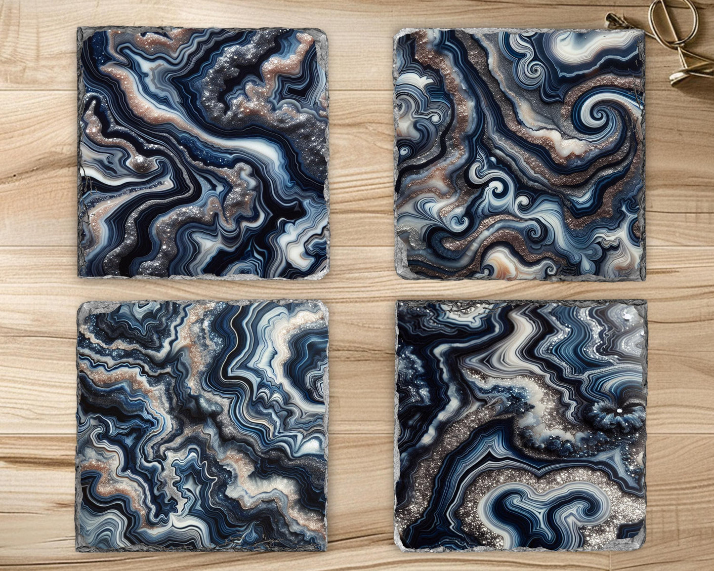Navy Blue Silver Agate Pattern Slate Coasters - Set of 4 Ideal Housewarming Gift for Boho Home Decor