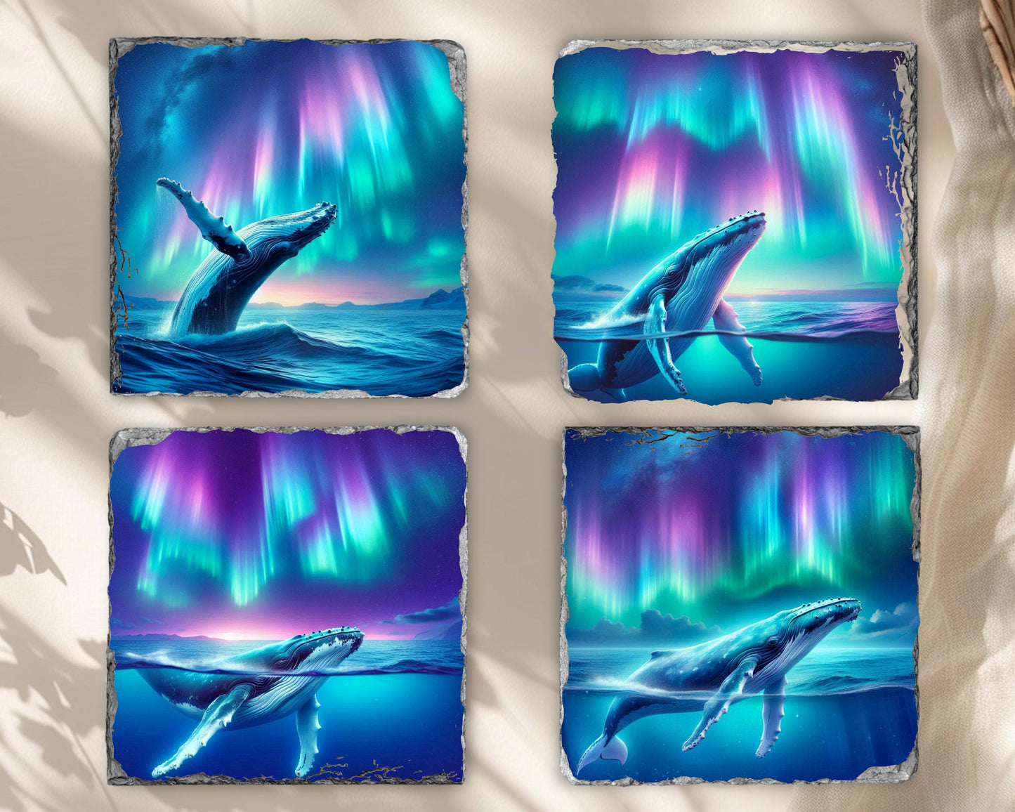 Humpback Whale Slate Coaster Set Ocean Art Gift for Whale Lovers Featuring Northern Lights Design