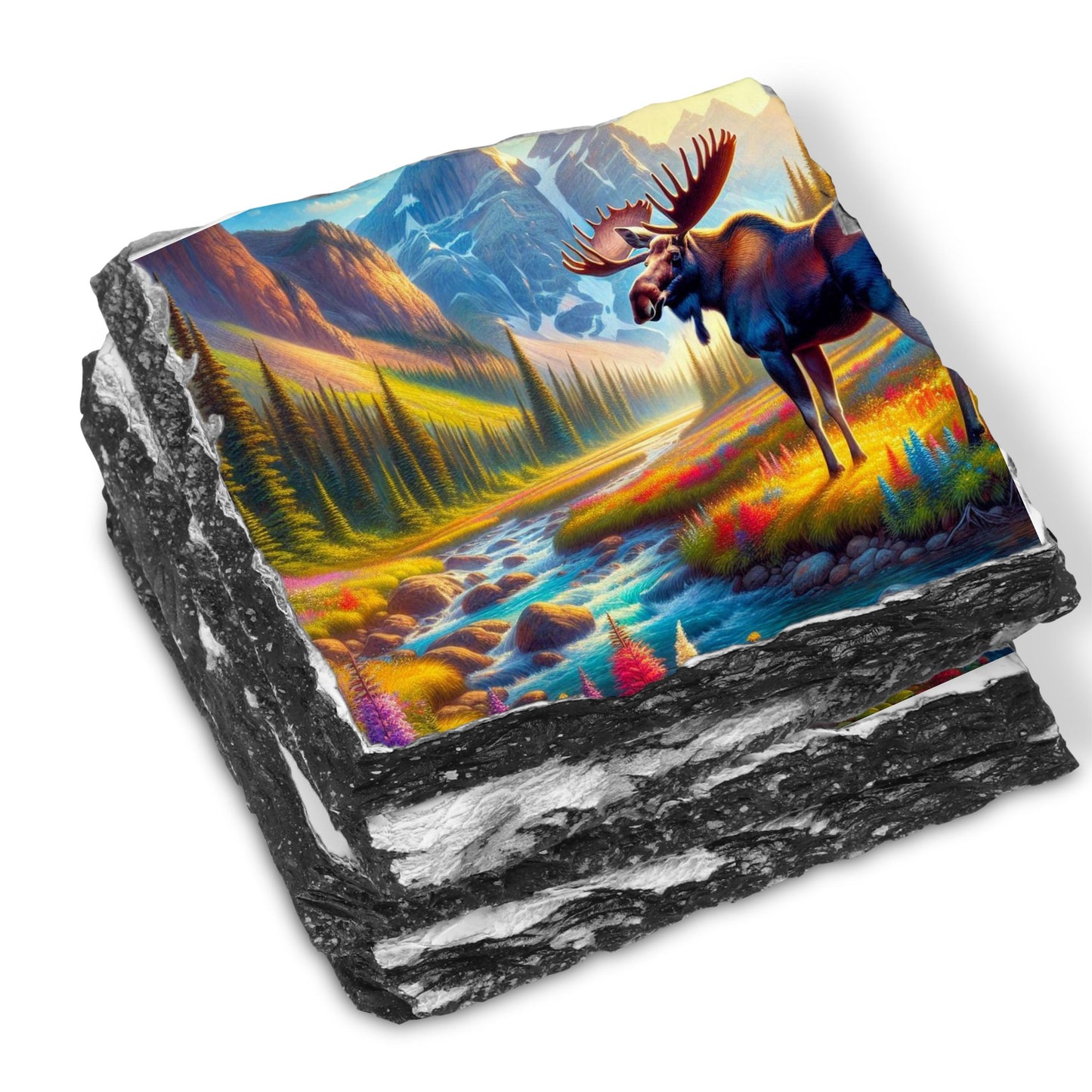 Slate Coaster Set with Moose Mountain Views - Fractured Edges Ideal Nature Lover Gift