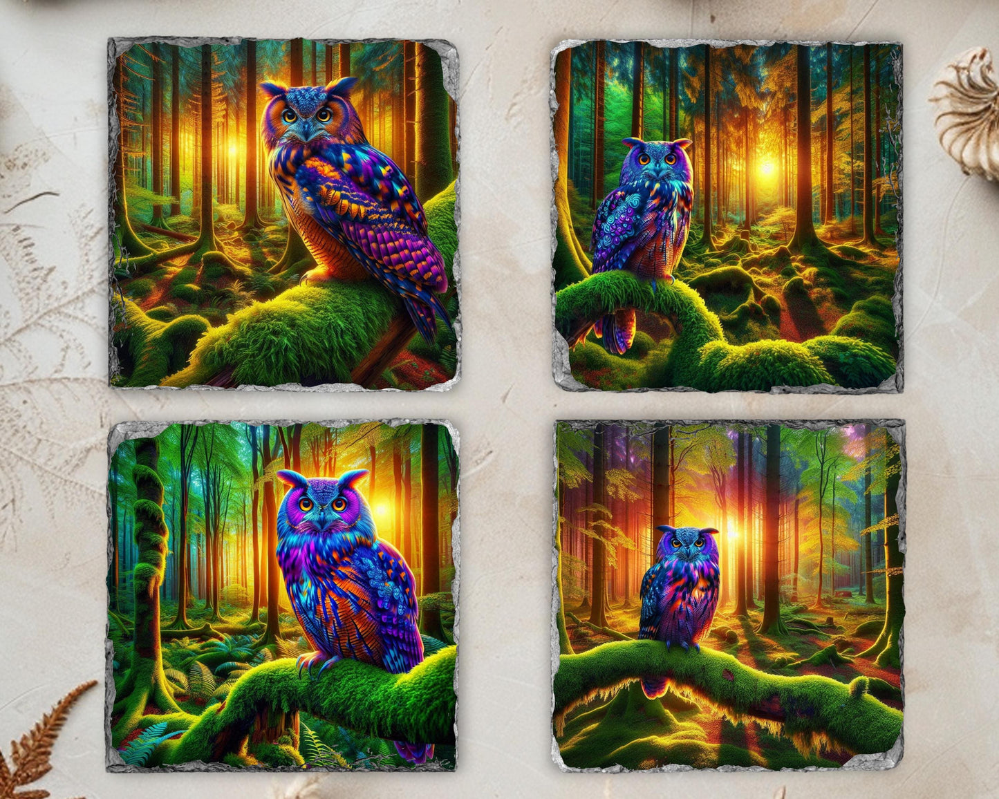 Owl Slate Coaster Set with Rack - Ideal Gift for Owl Enthusiasts