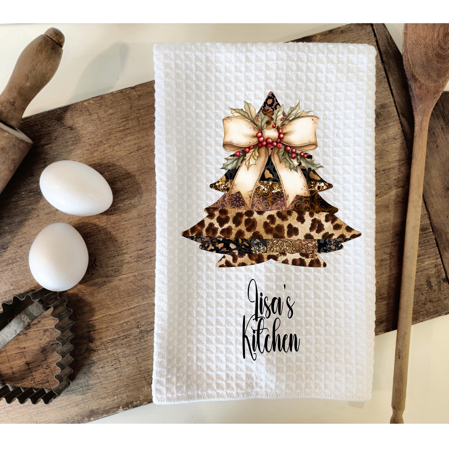 Personalized Leopard Print Kitchen Towel - Christmas Waffle Weave Microfiber Gift