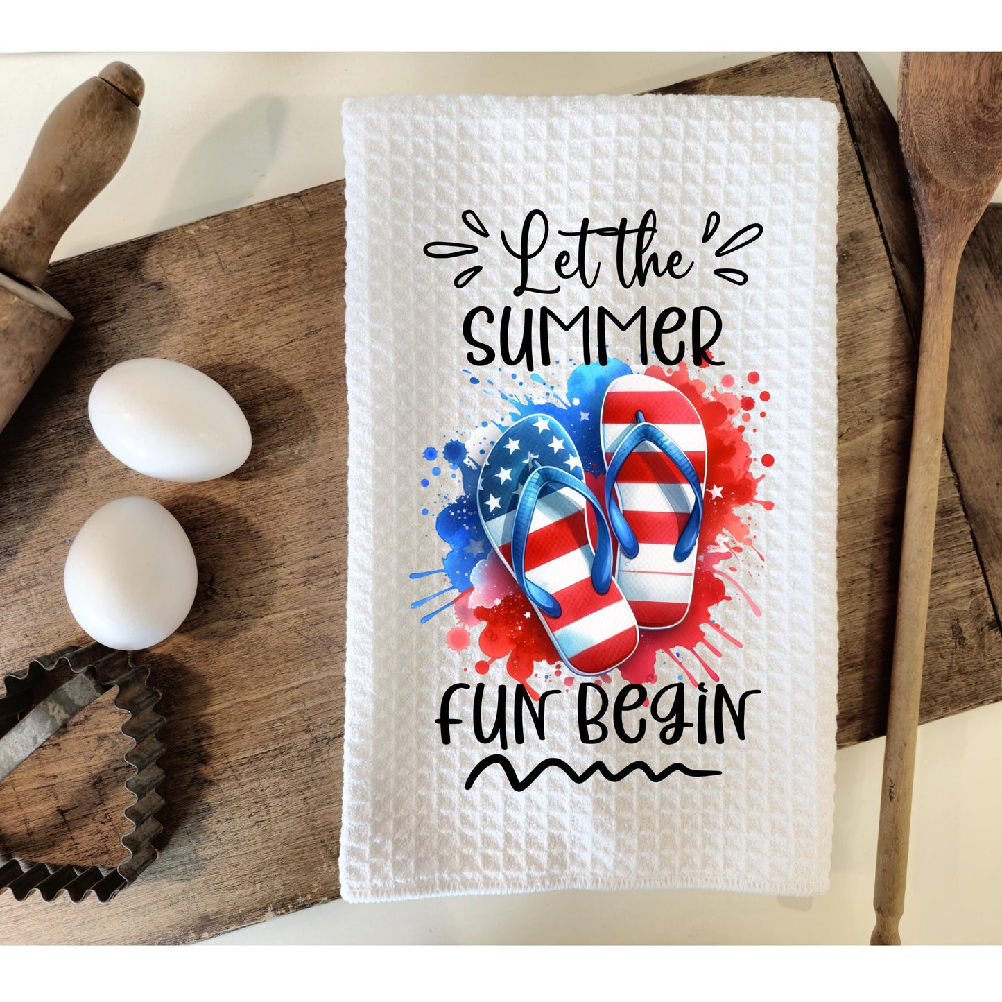 Patriotic Flip Flops Quote Waffle Weave Towel, Summer Fun Decor, Unique Hostess Gift