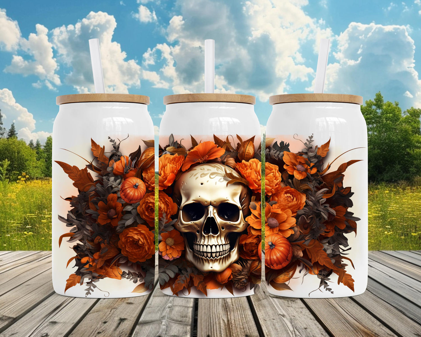 Fall Floral Skull Design, Insulated Steel Soda Can with Bamboo Lid, 16oz Cup, Skull Lover Gift