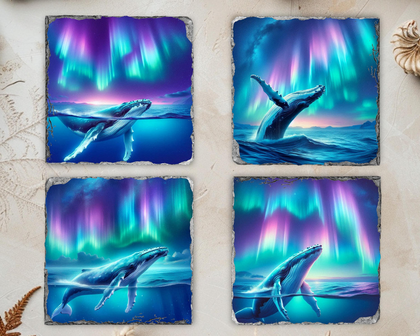 Humpback Whale Slate Coaster Set Ocean Art Gift for Whale Lovers Featuring Northern Lights Design