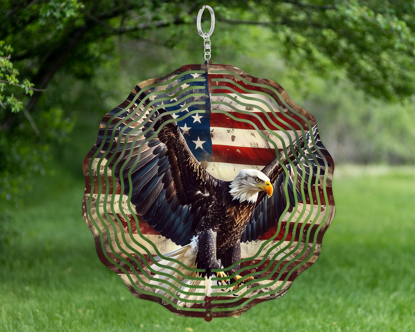 Bald Eagle Wind Spinner, Patriotic Gift for Veteran, Unique Gifts for Fathers Day, Patriotic American flag and eagle, Yard or Porch Decor