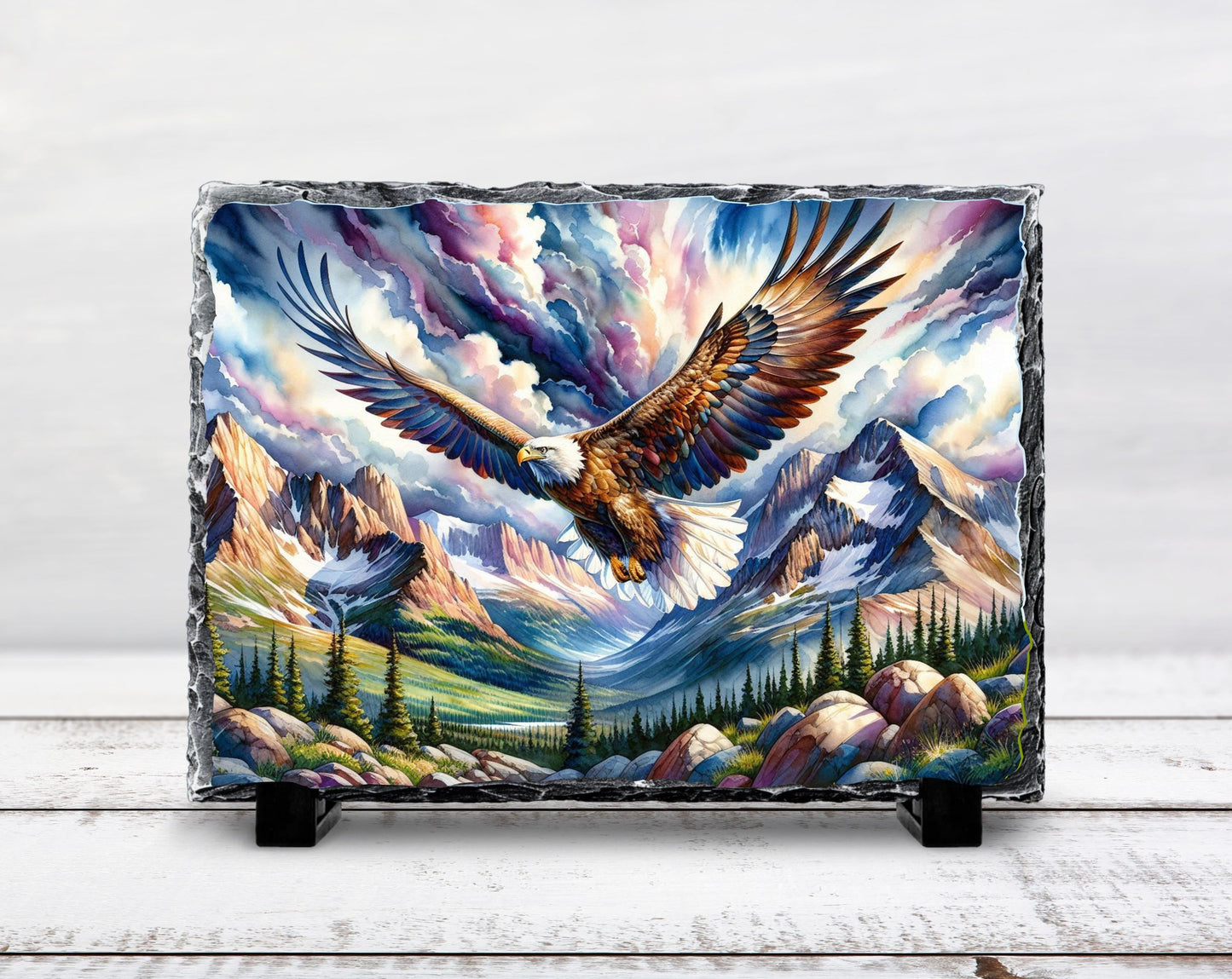 Watercolor Eagle Slate Plaque - Majestic Eagle in Flight Over Mountain Valley Rustic Wildlife Decor
