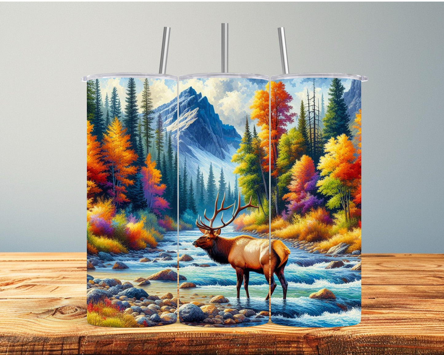 Elk Tumbler - 20oz or 30oz Colorful Fall Mountain River Scene Perfect Gift for Wildlife Enthusiasts