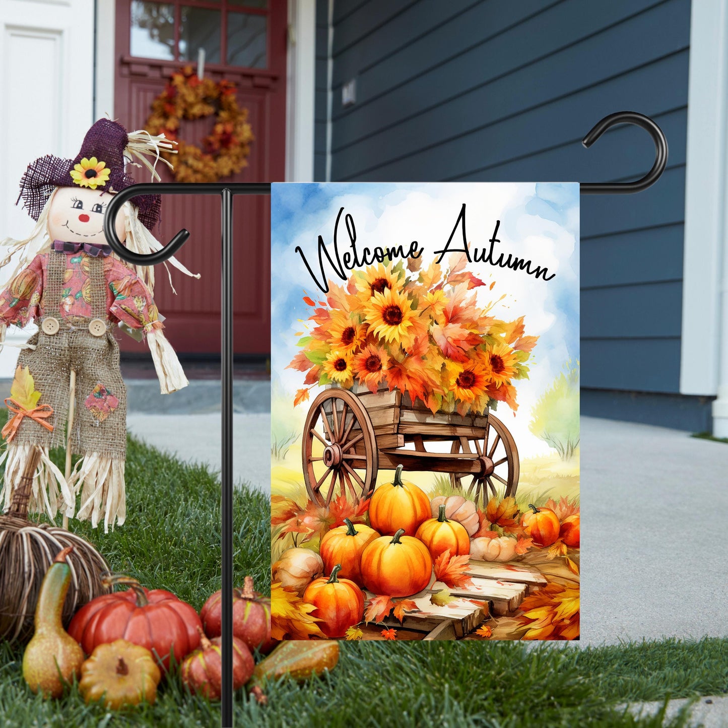 Autumn Garden Flag with Pumpkins and Blue Sky - 12x18 Inch Seasonal Decor