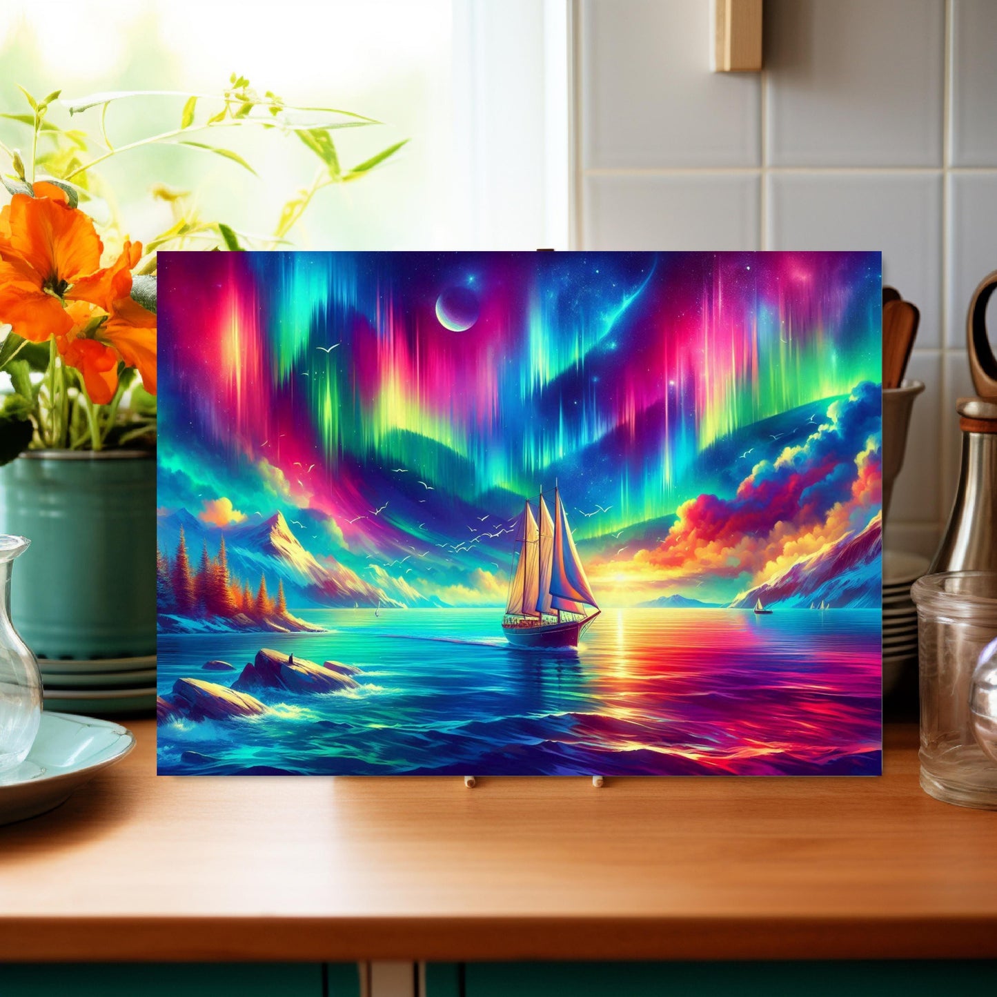 Nautical Sailboat Glass Cutting Board - Northern Lights Inspired Kitchen Decor